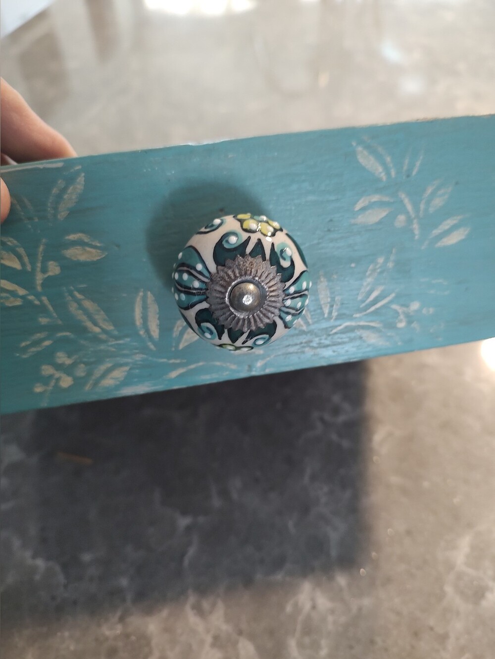 Teal Trinket Box with Pretty Knob Handle width 11 inches X 10 inches length X 3